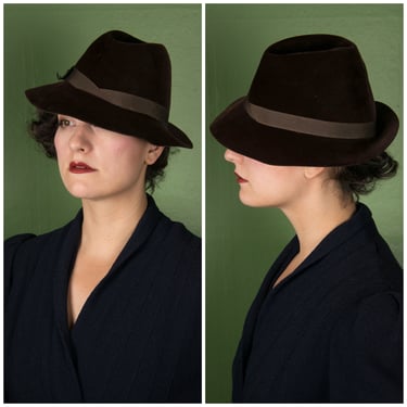 1930s Hat - Iconic Vintage 30s High Crown Fedora in Deep Brown Soft Fur Felt Velour 
