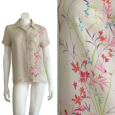 1990s tan blouse with floral design 