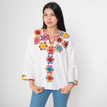 Embroidered Floral Blouse 90s White Mexican Shirt Hippie Top Festival Tunic Slit V Neck Bohemian Retro Long Sleeve Vintage 1990s Medium 