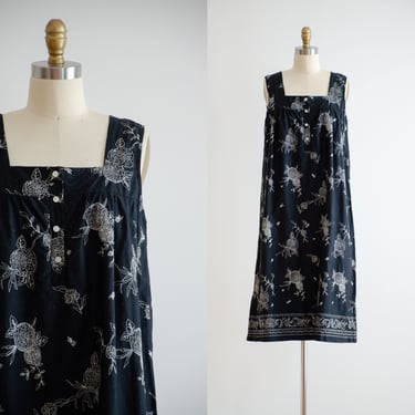 black embroidered dress 90s vintage floral embroidery oversized loose cotton dress 