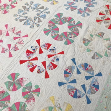 Folk Art Cotton Quilts, Hand Stitched, Patchwork Pinwheel Design, Pastel Colors Americana Quilt 