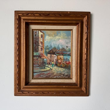 1980s Vintage Burnett Parisian Street Scene Oil Painting on Plywood, Framed 