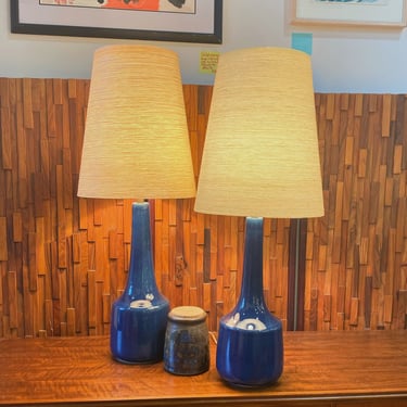 2 Cobalt Blue Lotte Bostlund Lamps w/ Orig. Fiberglass Shades