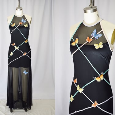 1990s Mesh Tadashi Gown | S  | Vintage 90s/Y2K Black Mesh Dress With Butterfly Embroidery Appliques 