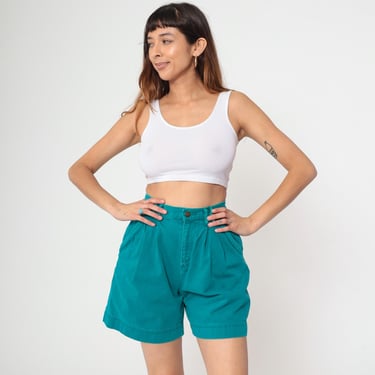 Vintage Teal Pleated Jean Shorts 90s Lizwear Denim Mom Shorts Summer Shorts High Waisted Pockets Baggy 1990s Retro Cotton Extra Small xs 25 