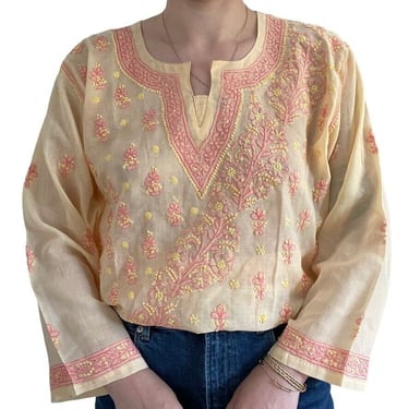 Vintage Womens Cotton Peach Pink Floral Embroidered Sheer Tunic Boho Blouse Sz L 
