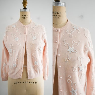 1950s Pale Pink Beaded Cardigan Sweater 