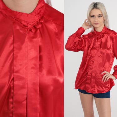 Red Satin Blouse 80s Button up Top Pleated Long Sleeve Collared Shirt High Mock Neck Preppy Formal Chic Shiny Formal Vintage 1980s Medium M 