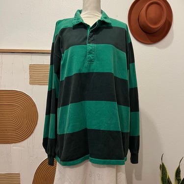 J. Crew Green Wide Stripe Oversized Long Sleeve Polo Shirt XL 
