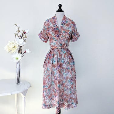 Vintage 1940s Floral Sundress, Vintage 40s Button Down Shirt Dress 