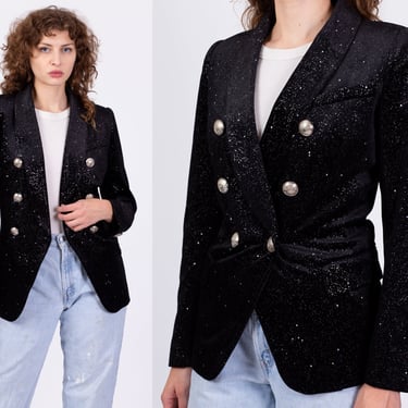 Balmain Black Velvet Celestial Suit Jacket - Small | Vintage Women's Button Up Formal Blazer Top 