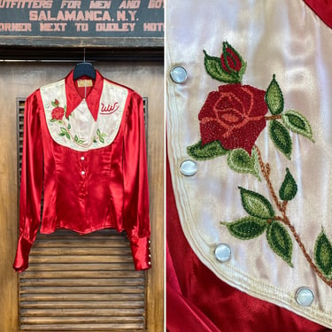 Vintage 1940’s Embroidered Rodeo Queen Satin Rockabilly Cowboy Western Shirt, 40’s Custom Vintage, Vintage Clothing 