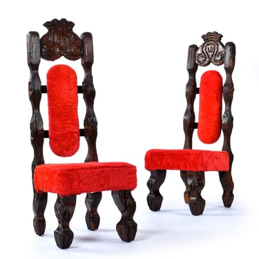 Pair of Restored Vintage Witco Tiki Dramatic High Back Chairs in Original Red Fur 