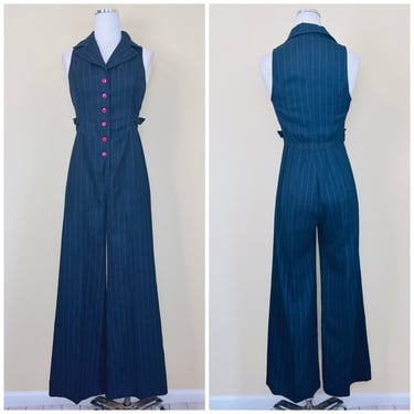 1970s Vintage Foxy Lady Pinstriped Bell Bottom Jumper / 70s / Seventies Poly Rayon Wide Leg Jumpsuit / Size Small 