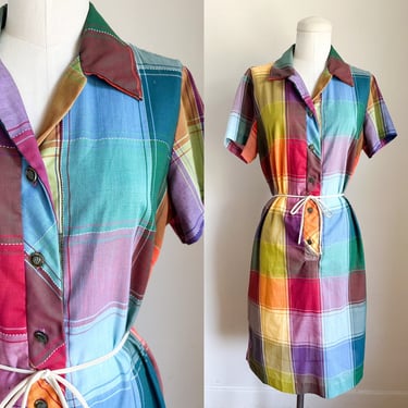 Vintage 1960s Madras Rainbow Plaid Shirtwaist Dress / M-L 