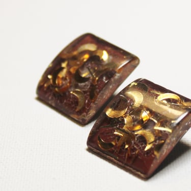 Vintage Earrings Confetti Lucite Gold Tinsel Moons Clip on Square Domed 