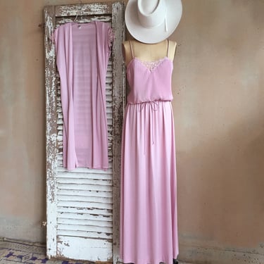 Vintage 70s Soft Pastel Pink Dress Set w/ Matching Sheer Duster 