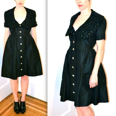 50s Vintage Black Formal Beaded Dress Medium// 50s Black Shirt Dress// 50s Formal Party Dress with Rhinestone Buttons 