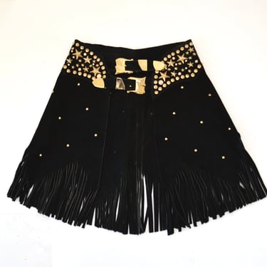 90s Vintage Black Leather Fringe Belt Skirt MEDIUM K Baumann Studded Leather Fringe Belt Rhinestone Cowgirl Cowboy Rodeo Gold BLack 