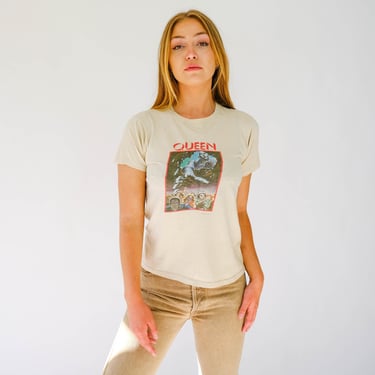 Vintage 70s QUEEN News of the World Light Tan Distressed Single Stitch Tee | AUTHENTIC | Paper Tag, Dated 1977 | 1970s QUEEN Band T-Shirt 