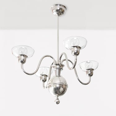 Swedish Art Deco 4-arm chrome chandelier with crystal bobeches