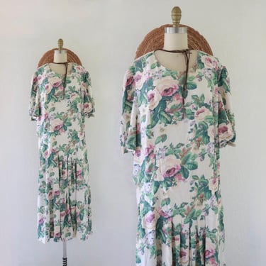 imperfect floral maxi dress - see details - vintage 90s botanical floral flowery long ankle womens short sleeve cottagecore cottage 