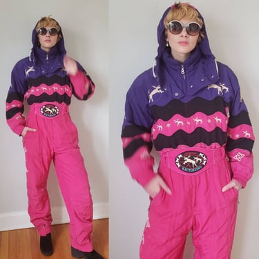 80s 90s Bogner Snowsuit Ski Suit Kautokeino Joan Thylmann / Pink Blue Reindeer Snow Winter Hooded Bodysuit One Piece  / Medium 