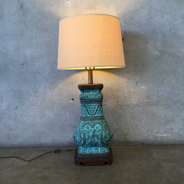 Vintage Mexican Ceramic Lamp with Wood Base