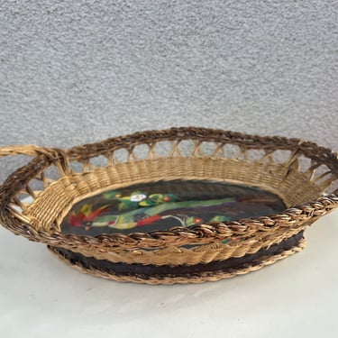 Vintage Mexican basket wood glass tray with feather bird folk art 