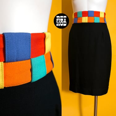 Fabulous Vintage 80s 90s Black Skirt with Color Grid Waistline by Platinum 