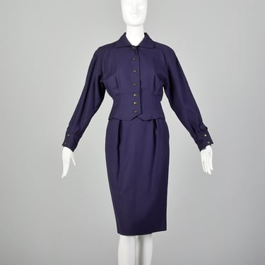 XS Guy Laroche Skirt Suit 1980s Plum Purple Wool Jacket Top Pencil Skirt Two Piece Set 