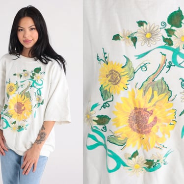 Sunflower Shirt 90s Floral T Shirt Slouchy White Banded Hem Retro TShirt Vintage T Shirt Distressed Graphic Tshirt 1990s Extra Large xl 