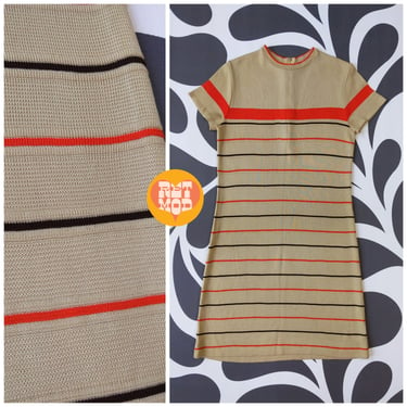 Fabulous Chic Vintage 60s 70s Beige Orange Stripe Knit Mod Twiggy Dress 