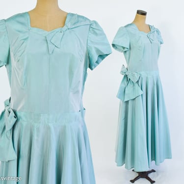 1940s Iridescent Green Evening  Dress | 40s Green Mint Taffeta Formal | Old Hollywood | XL 