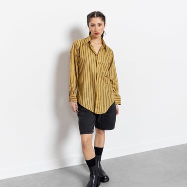 STRIPED COTTON SHIRT Vintage Menswear Work Shirt Button Up Collar Mustard Yellow 90's Oversize / Large 