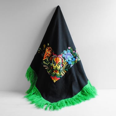 Vintage Black Wool Shawl with Colorful Floral Crewel Embroidery 