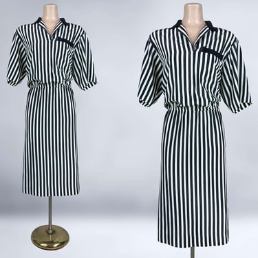 VINTAGE 80s Black and Off-White Striped Dress by Liz Roberts L/XL | 1980s Beetlejuice Delia Deetz Style Dress | VFG 