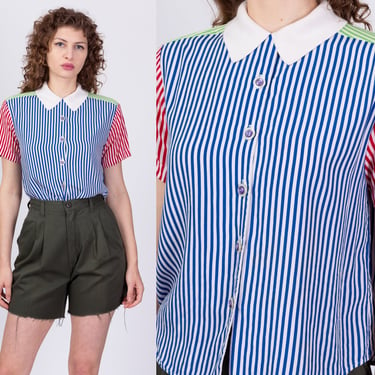 90s Striped Color Block Button Up Shirt - Small | Vintage Short Sleeve Knit Collared Crop Top 