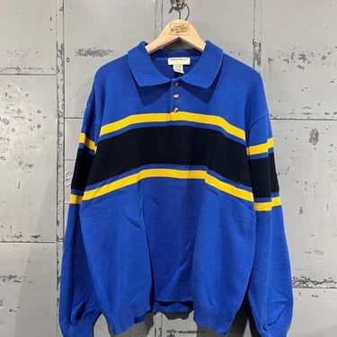 XL 90s Eddie Bauer knit polo long Sleeve Button-Neck Polo Knit Sweater blue cotton striped 