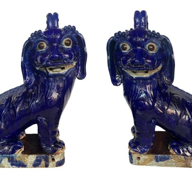 19th C. Large Chinese Cobalt Blue Glazed Earthenware Models of Mythical Beasts