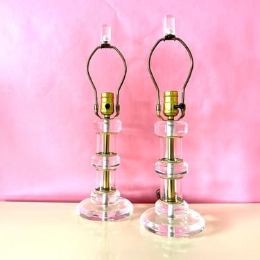 Vintage 80s Pair of Lucite and Brass Table Lamps 