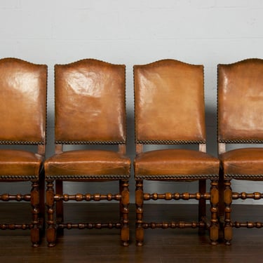 Antique French Louis XIII Style Oak Dining Chairs W/ Brown Leather - Set of 4 