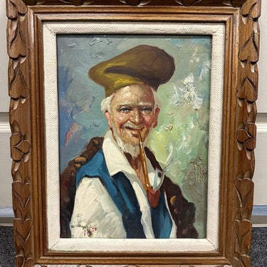 Vintage Original Oil Painting by Pinto Portrait Italian Man Hat Pipe Canvas Signed 