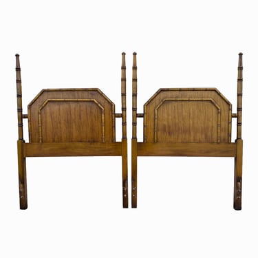 Set of 2 Twin Faux Bamboo Post Headboards by Stanley - Rare Vintage Wooden Hollywood Regency Pair 