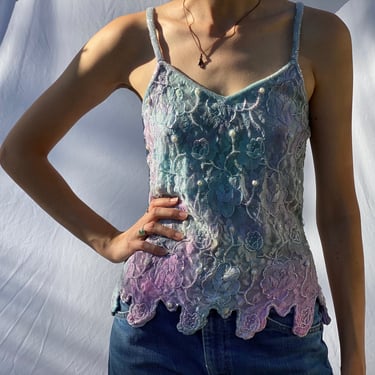 Vintage BeadedTank Top / Judith Ann Creations Sequin Tank Top / Slouchy Shiny Top / Sleeveless Blouse / Rayon Blue Hand Dyed 