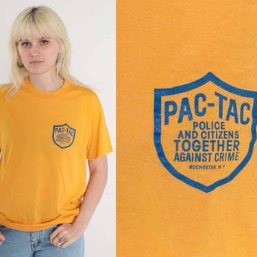 PAC-TAC Shirt 80s Rochester Police T-Shirt Citizens Against Crime Graphic Tee New York Cops TShirt Single Stitch Yellow Vintage 1980s Medium 