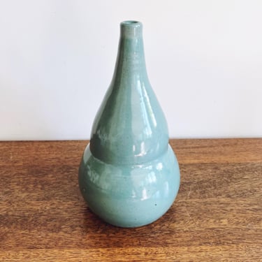 Vintage Celadon Ceramic Pottery Vase - Signed 