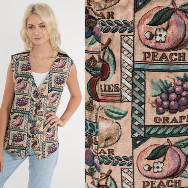 Fruit Print Vest 90s Tapestry Vest Shabby Chic Peaches Grapes Woven Button up Novelty Sleeveless Jacket Retro Kitsch Vintage 1990s Large L 