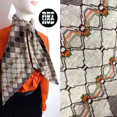 Unique Vintage 70s Brown & Orange Woven Geometric Long Scarf 