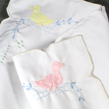 Vintage Embroidered Cotton Pillow Sham | Vintage Nursery Pillow with Yellow & Pink Ducks | Vintage Linens | Bixley Shop 